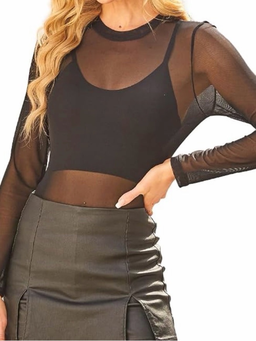 Amazon Essentials Black Sheer Mesh Long-Sleeve Top with Inner Cami